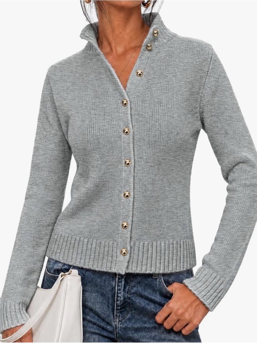 Women's Grey Button-Front Knit Cardigan Sweater